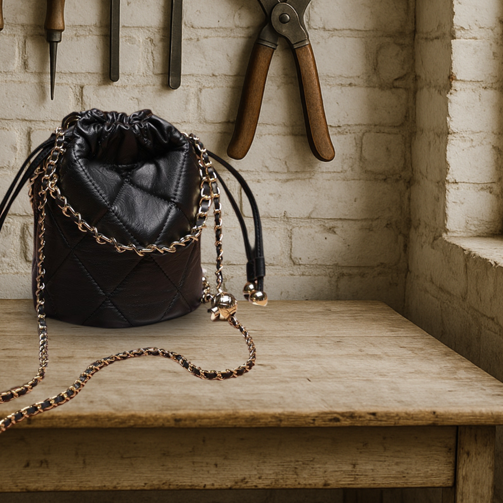 BIKUUL | Drawstring Chain Leder Crossbody Bucket Bag
